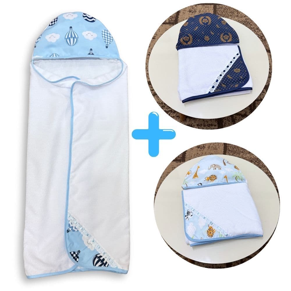 Kit com 3 Toalha de Banho Bebê Recém Nascido com Capuz Forrado com Fralda 100% Algodão