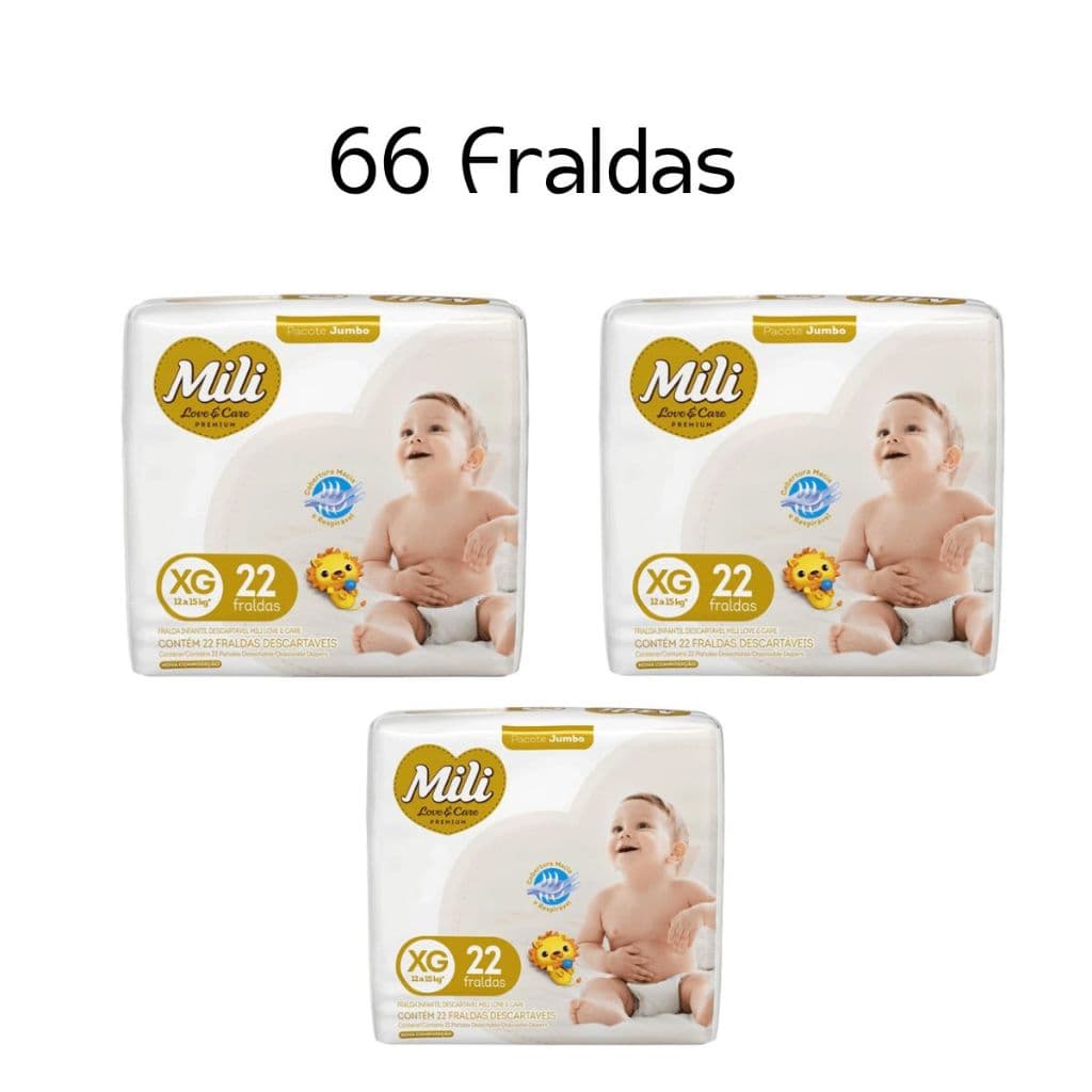 Kit Fralda Descartável Mili Love & Care Jumbo XG com 66 unidades - 3 Pacotes