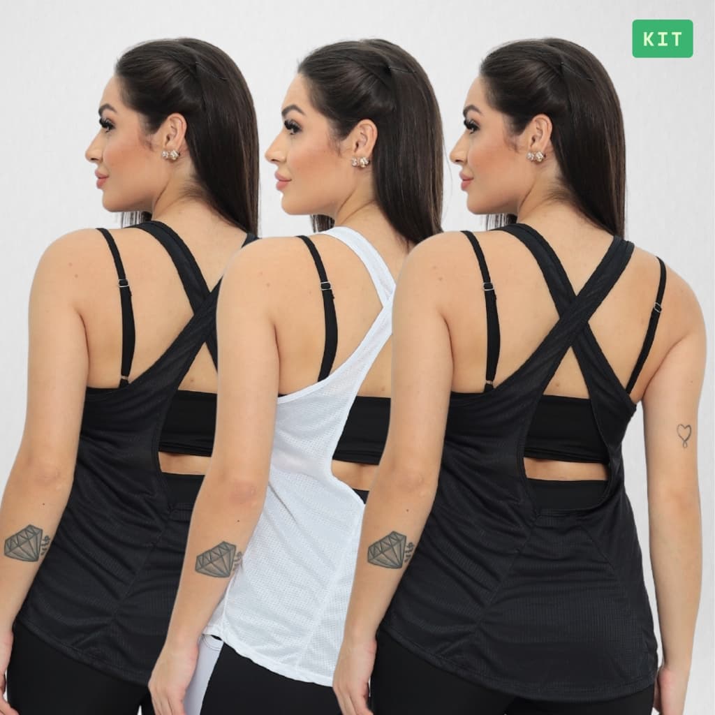 Kit 3 Regatas Cruzadas Feminina Roupa Academia Fitness Yoga Corrida Esportivo