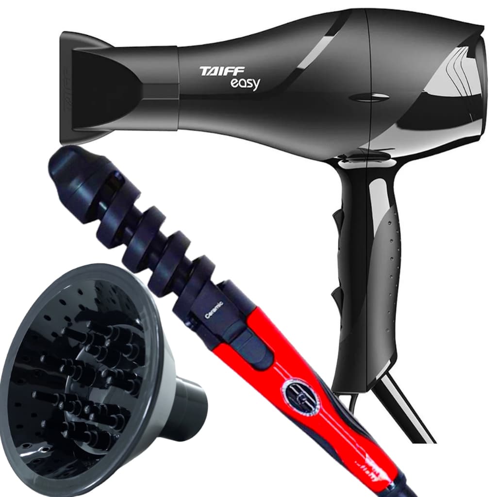 Difusor Cachos + Secador de Cabelo Taiff Profissional 1700w Ions Ar Quente Frio Preto Modelador Espiral Nova