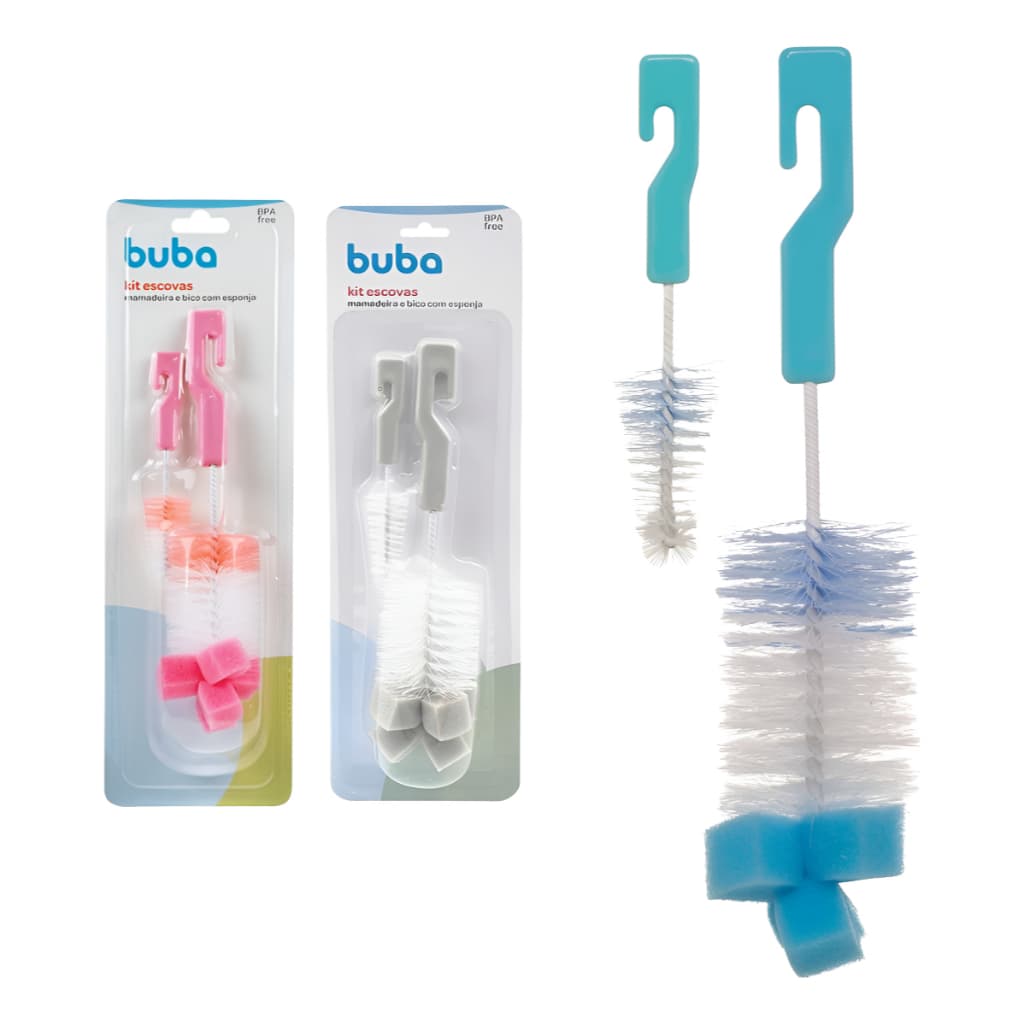 Kit Escova Mamadeira Com Esponja Bebe Infantil Buba Limpeza