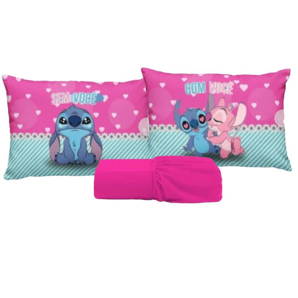 JOGO DE LENÇOL DE LUXO CASAL PADRAO STITCH 3 PEÇAS FRONHA TRAVESSEIRO LENÇOL DE ELASTICO