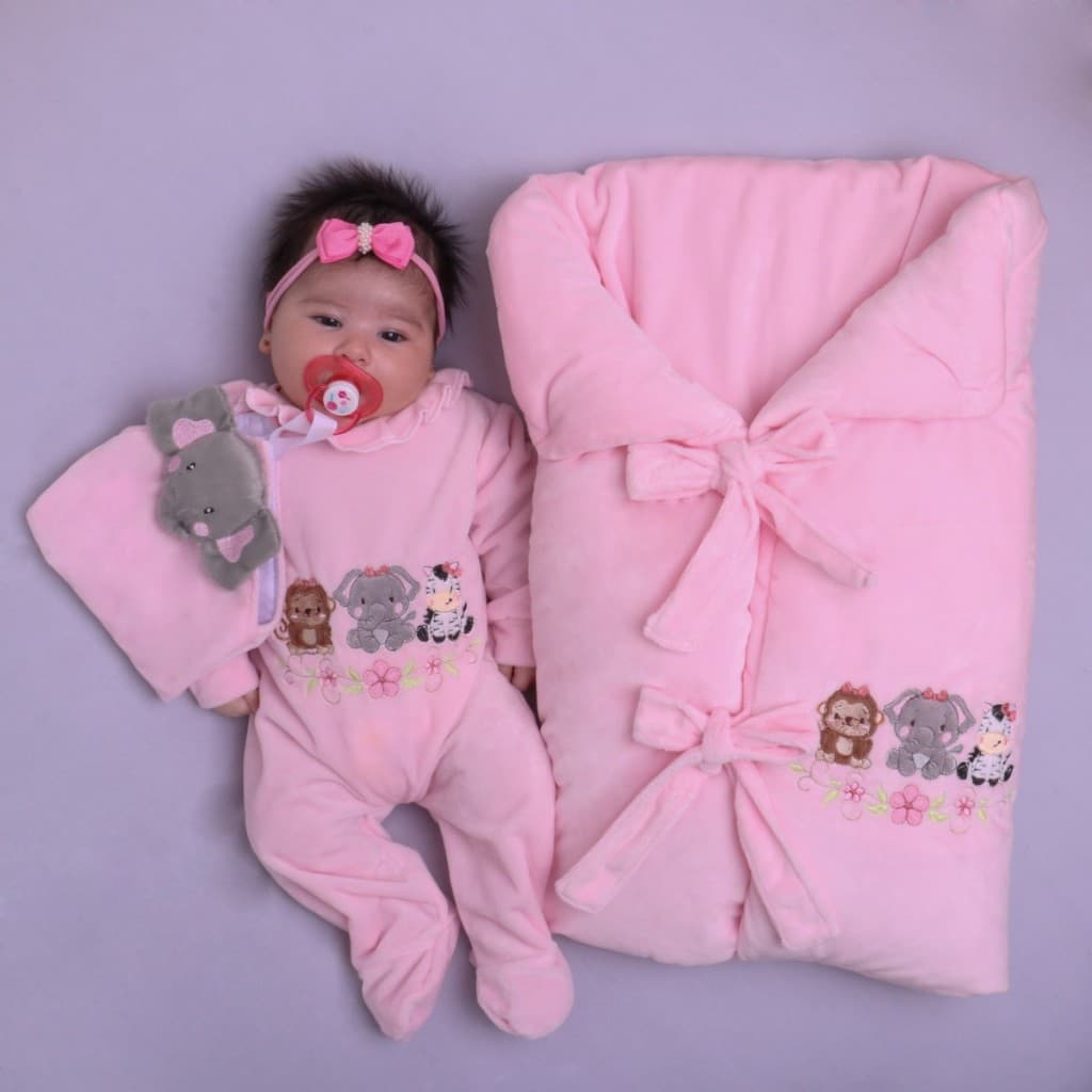 Saída Maternidade Menina Bebe Safari Rosa com Porta Bebê 04 Peças Roupas para Bebê