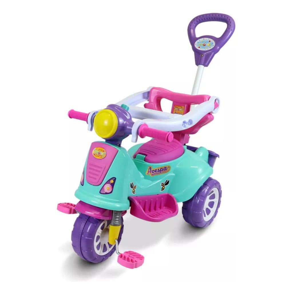 Carrinho de Passeio Avespa Maral Com Haste de Empurrar Proteção Lateral Motoca Completa Menino e Menina Guidao e Buzina