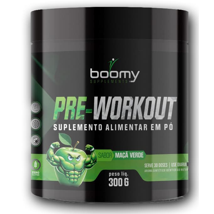 Pré-treino Boomy Suplemento Pote Grande 300g Maiores Ganhos Sabor Maçã Verde
