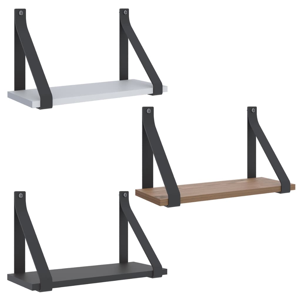 kit 2 Prateleiras Mdf 60x15 ou 60x20 Alça De Couro Preto Suporte De Parede Para Decoração Escritório