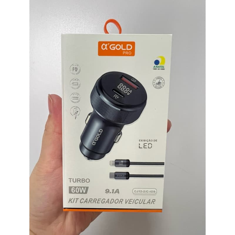 Carregador Veicular 60W Turbo 2 Entradas USB e Tipo C com Cabo Fonte Carro Automotivo CJ-12