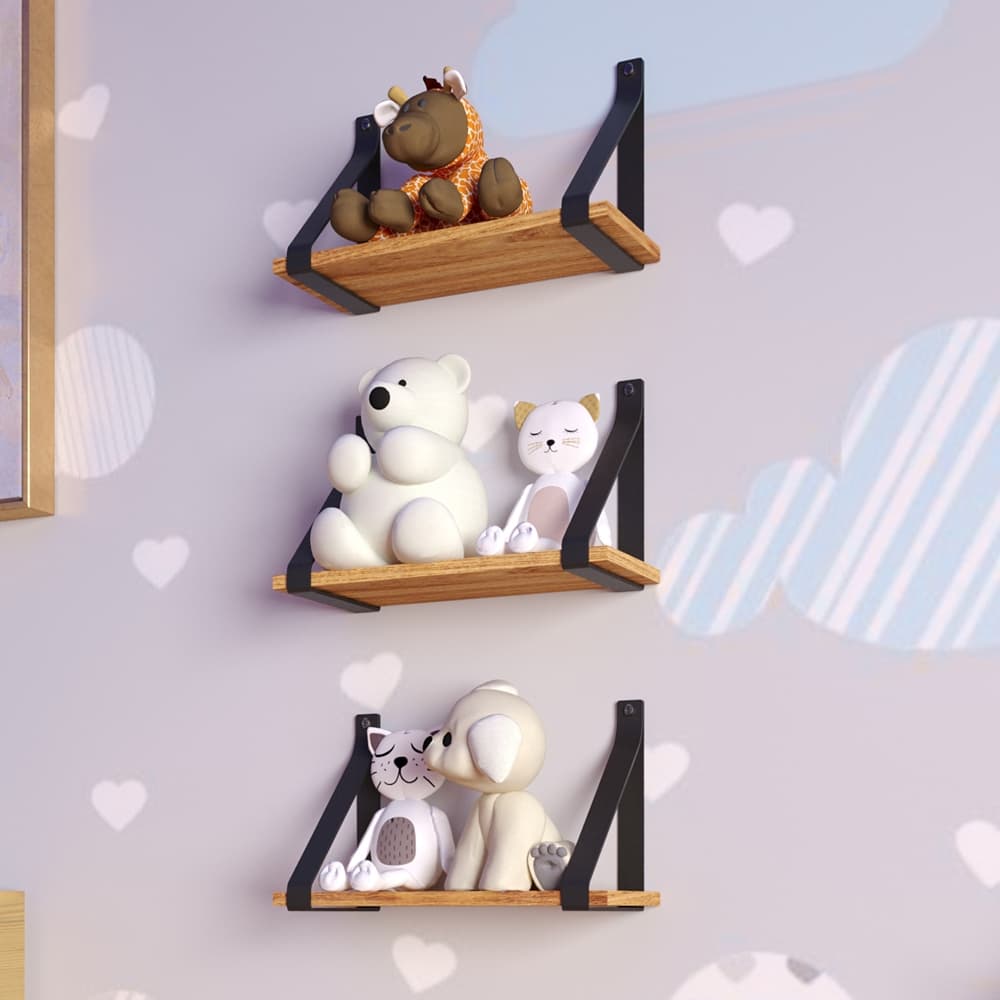 Kit 3 Prateleiras em Mdf Com Alça de Couro Ecológico Preto Suporte De Parede Para Sala Quarto
