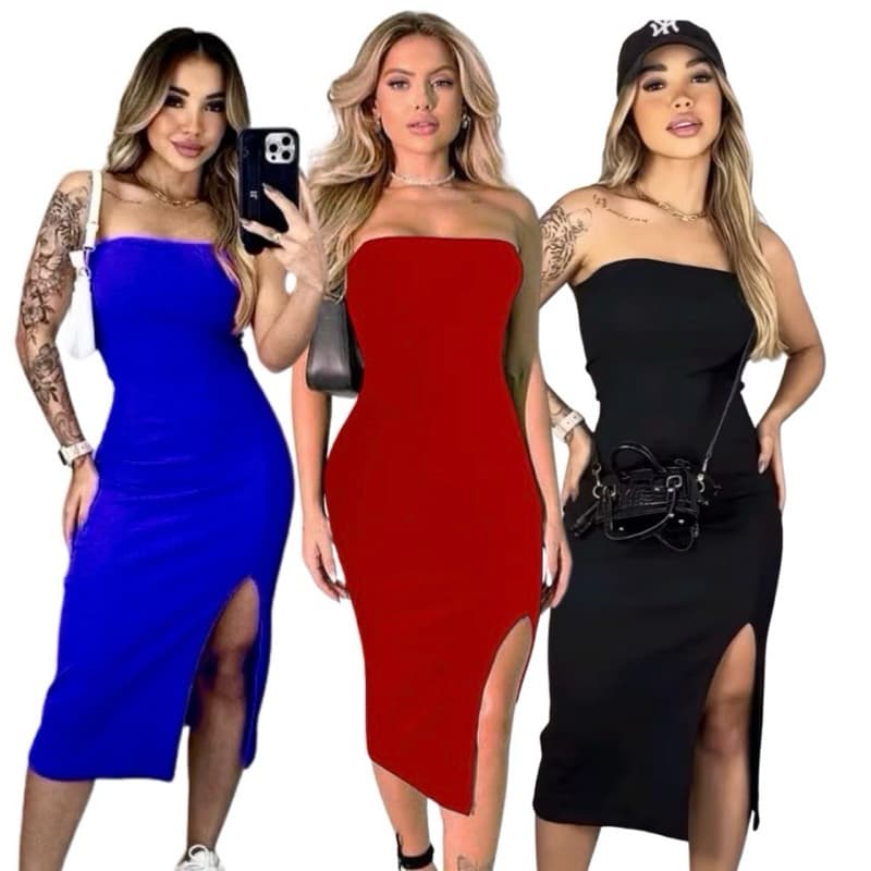Vestido midi elegante fenda tomara que caia luxo canelado premium vestido feminino tubinho novo megaliquicacao2026**