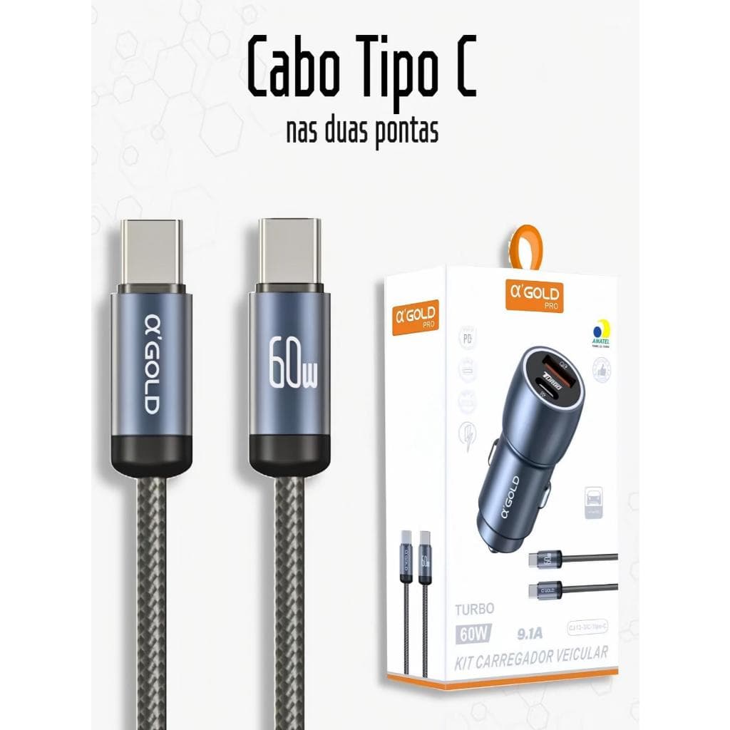 Carregador Veicular 60w Turbo Porta Dupla Cabo Tipo C Tipo C
