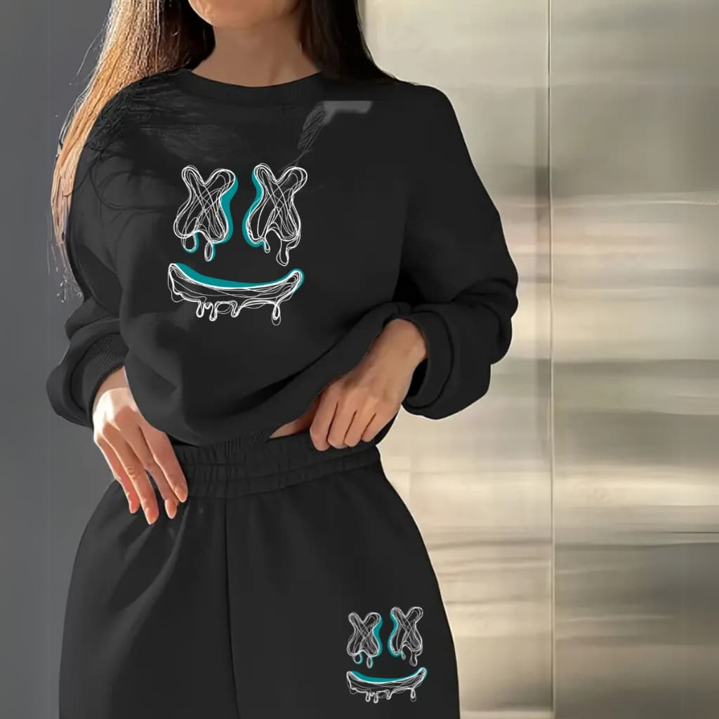 Conjunto Feminino Moletom Gola Redonda Calça Moletom Smile Sorriso Streetwear Hype Algodão Inverno