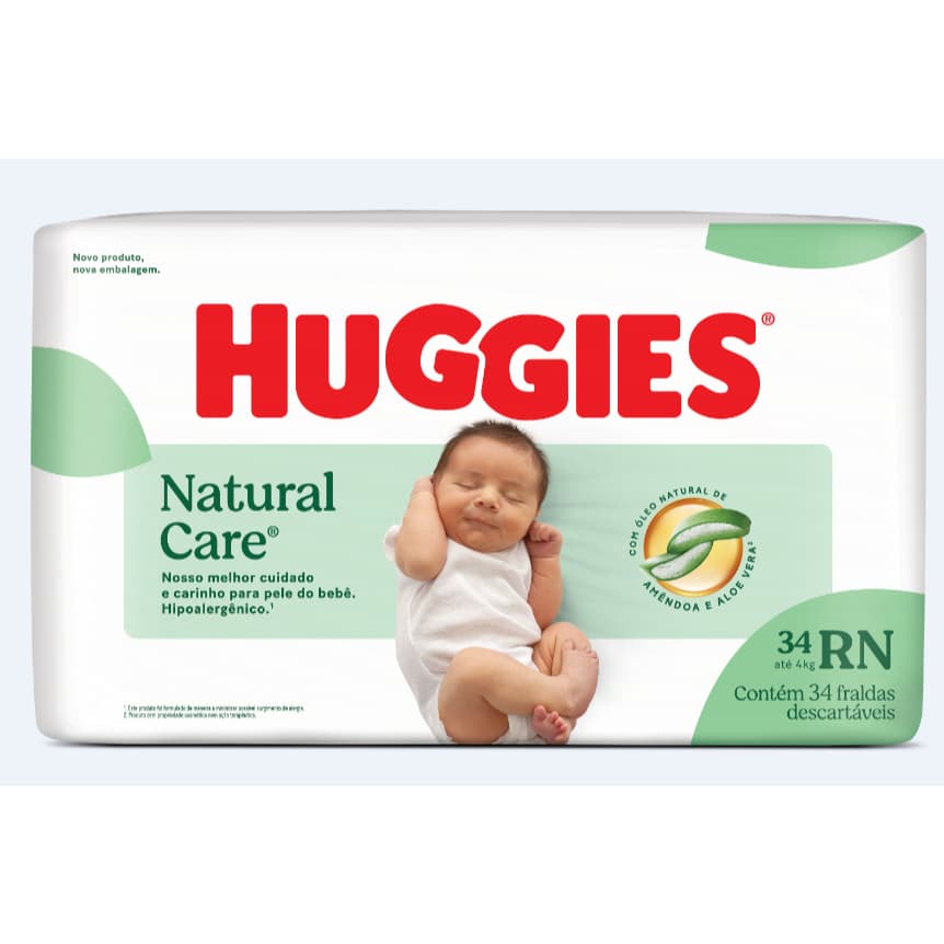 Fralda Huggies Natural Care RN/34 - P/26 - M/32 - G/28 - XG/24
