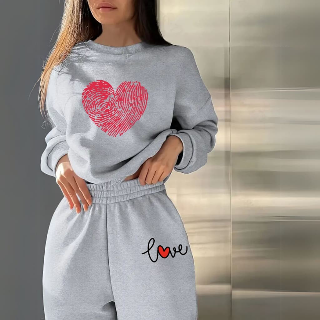 Conjunto Moletom Calça Moletom  Gola Redonda Coração Digital Love Minimalista Inverno Algodão