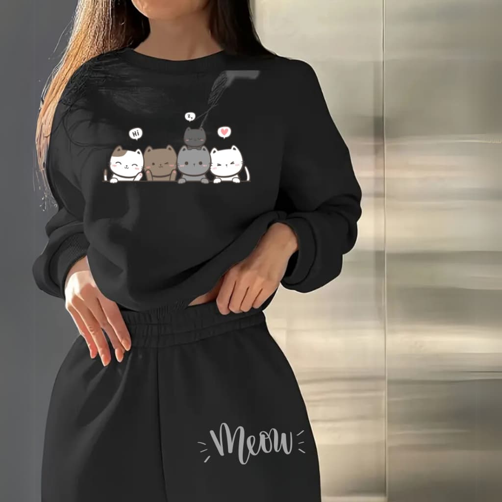 Conjunto Moletom Gola Redonda Calça Moletom Gatinhos Fofo Meow Algodão Feminino Confortavel