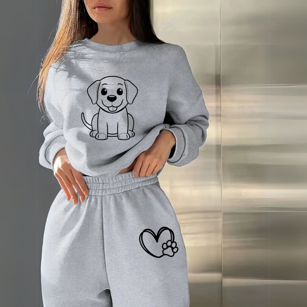 Conjunto Feminino  Moletom Calça Moletom Cachorrinho Love Fofo Algodão Quentinho Tendência Inverno