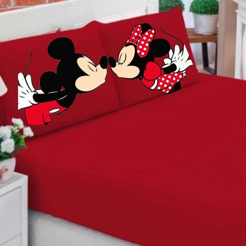 Jogo De Lençol Casal/Queen/King 3 Peças Tematico Ideal Para Cama Box - Mickey e Minnie Beijo