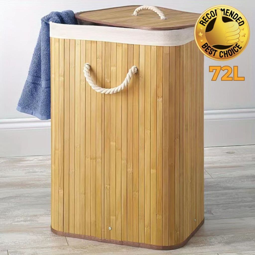 Cesto De Roupa Suja Bambu 72L/60L Lavanderia Com Tampa e Alças Forrado Grande Organizador Banheiro Dobrável