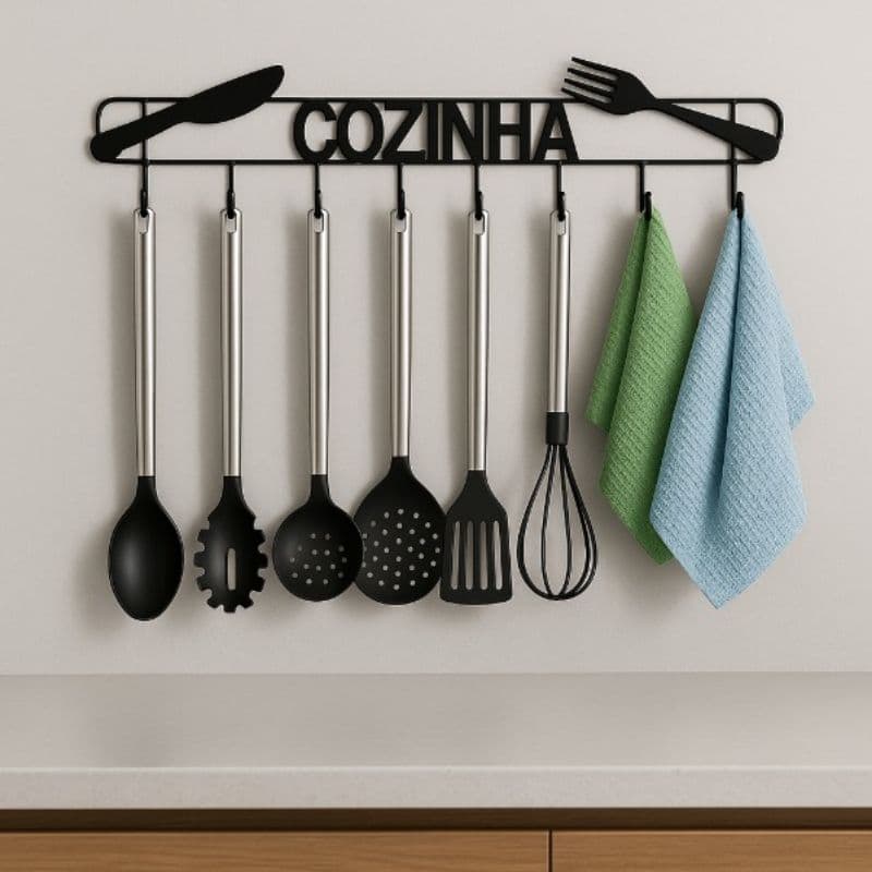 Suporte Multiuso Cozinha com 10 Ganchos - Cabideiro Utensílios em Metal Resistente