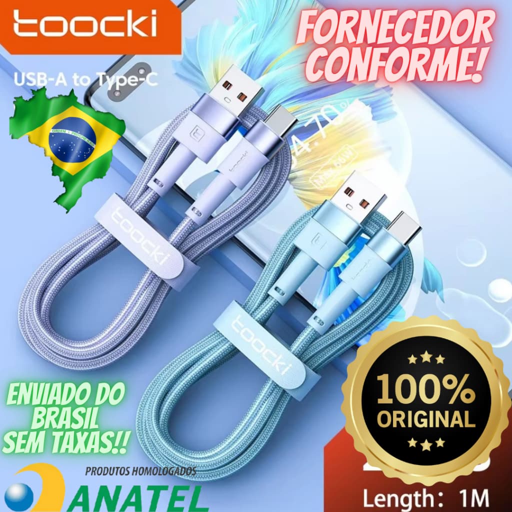 Cabo Carregador celular ORIGINAL Toocki USB Tipo C Cabo, Carregamento Rápido Carregador,100W, 6A