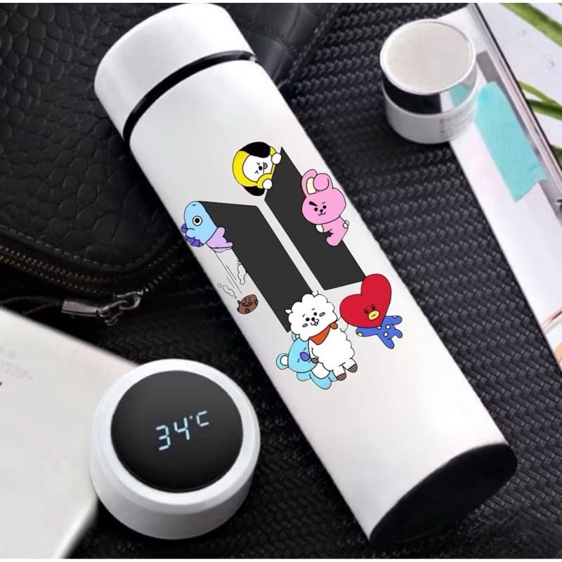 GARRAFA TÉRMICA BT21 BTS FRIENDS COM TERMÔMETRO DIGITAL 500ML