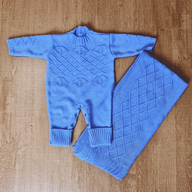 Saida Maternidade Losango Manta e Macacão Trico RN Menino e Menina Tricot Enxoval bebê Kit 2 peças
