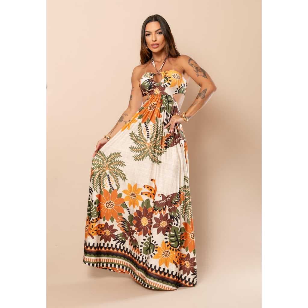 VESTIDO ALANA - vestido Feminino Longo Estampado tendencia estampa flores tropical estampa tucano