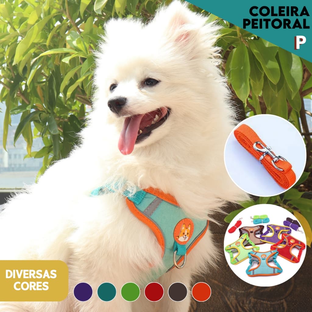 Coleira Peitoral Pet Confortável Passeios Sem Puxões + Guia 1,5m Para Cães e Gatos Pequenos - SHEFA