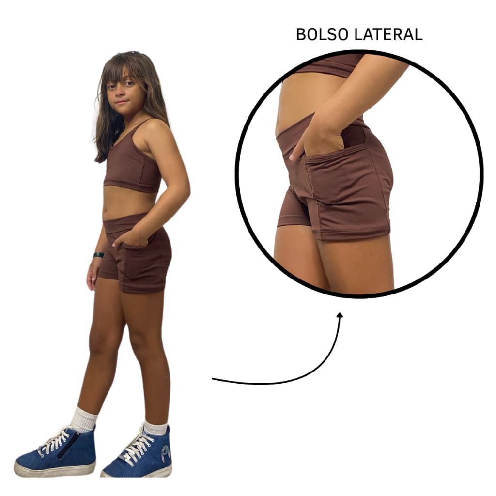 Roupa De Academia feminina Infantil Short com bolso  E Top ginastica cross kids poliamida conjunto treino fitness