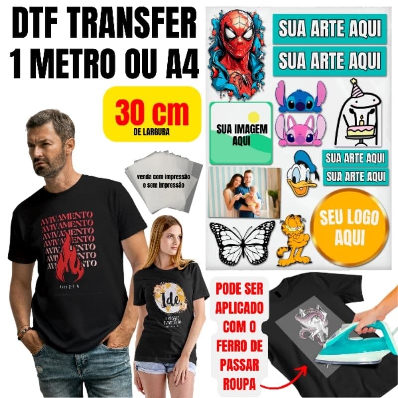 DTF Folha A4, Meio Metro e 1 Metro Impressa Com Sua Arte Pronto Para Aplicação Envio rápido