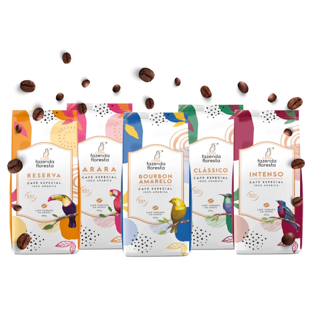 KIT em grãos Café Fazenda Floresta (1 Clássico /1 Reserva /1 Arara /1 Bourbon Amarelo /1 Intenso) 5 pacotes de 250g
