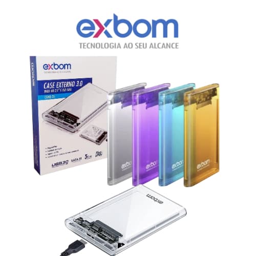 Case Externo Exbom 3.0  HD/SSD 2.5" Transparente/Colorido/Preto SATA USB3.0 Plug Play Case Gaveta