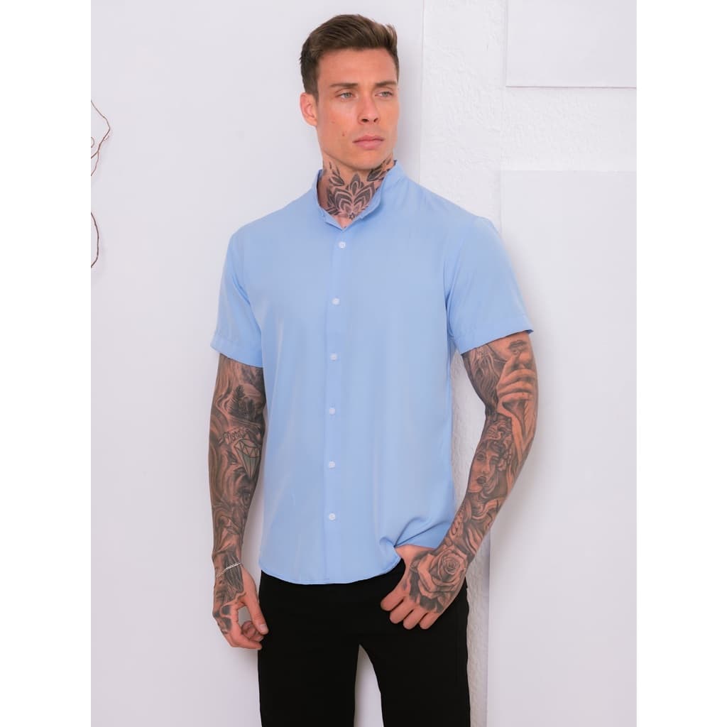 Camisa Social Masculina Slim Fit Gola Padre Manga Curta Aspecto de Linho
