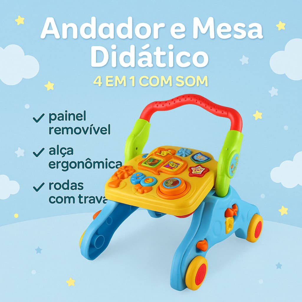 Andador Infantil 4 em 1 Mesa Didática Musical Com Som Brinquedo Educativo Bebê Atividades Colorido