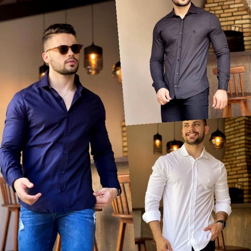 Camisa longa social Casual slim masculina