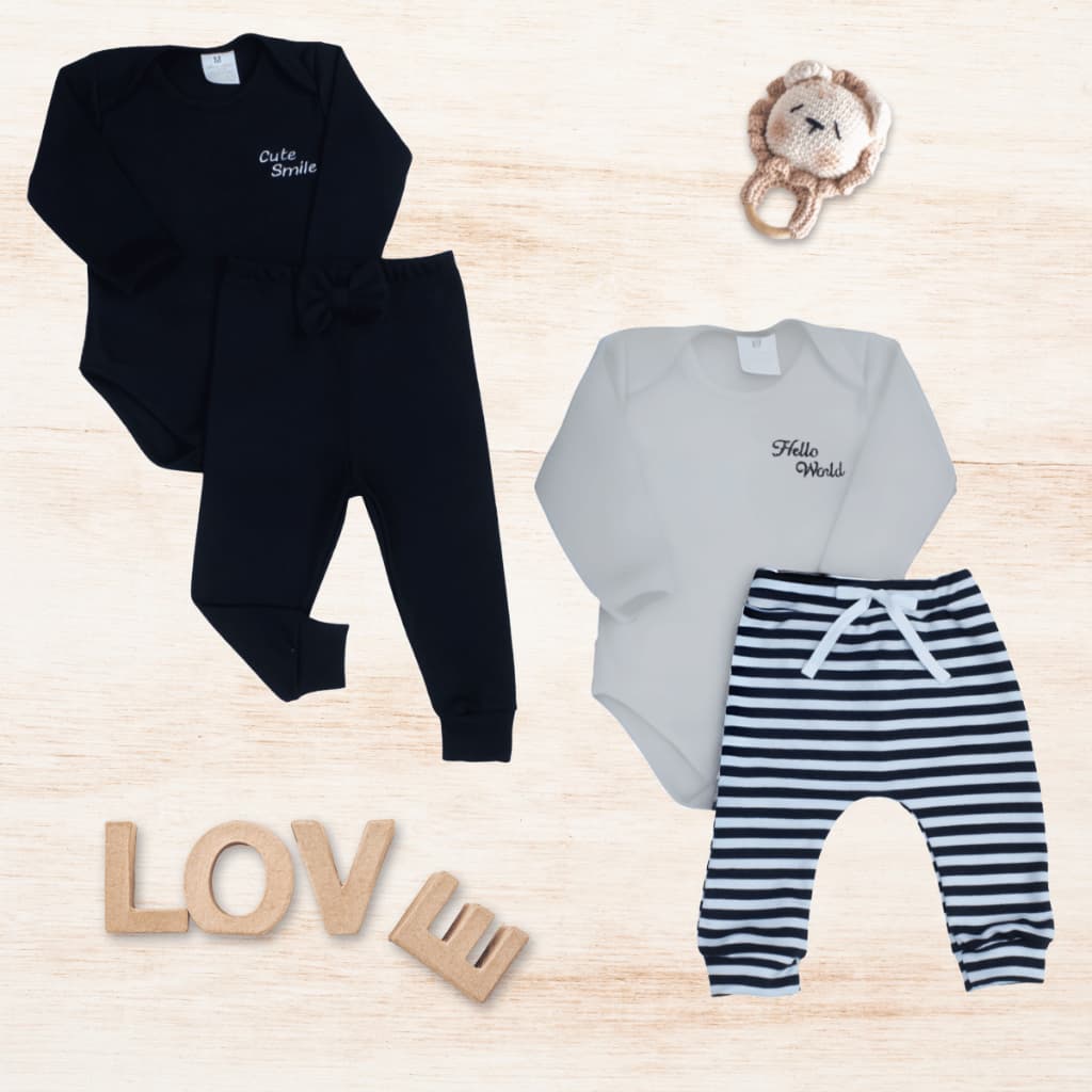 Kit Roupas De Bebê Menino e Menina 4 Peças Body E Calça Em 100% Algodão Confortável Conjunto Unissex