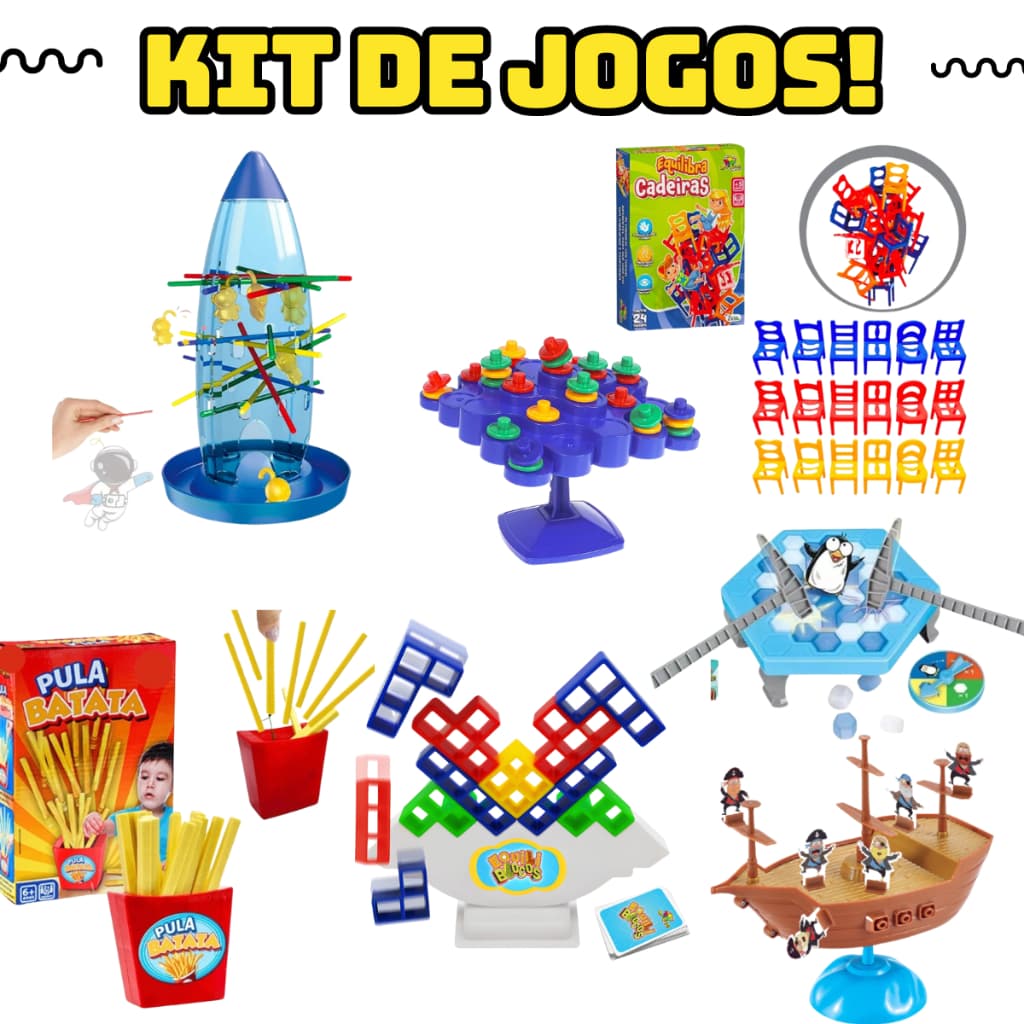 kit com 7 jogos interativos brinquedos infantis equilibrio cartas brincando em família