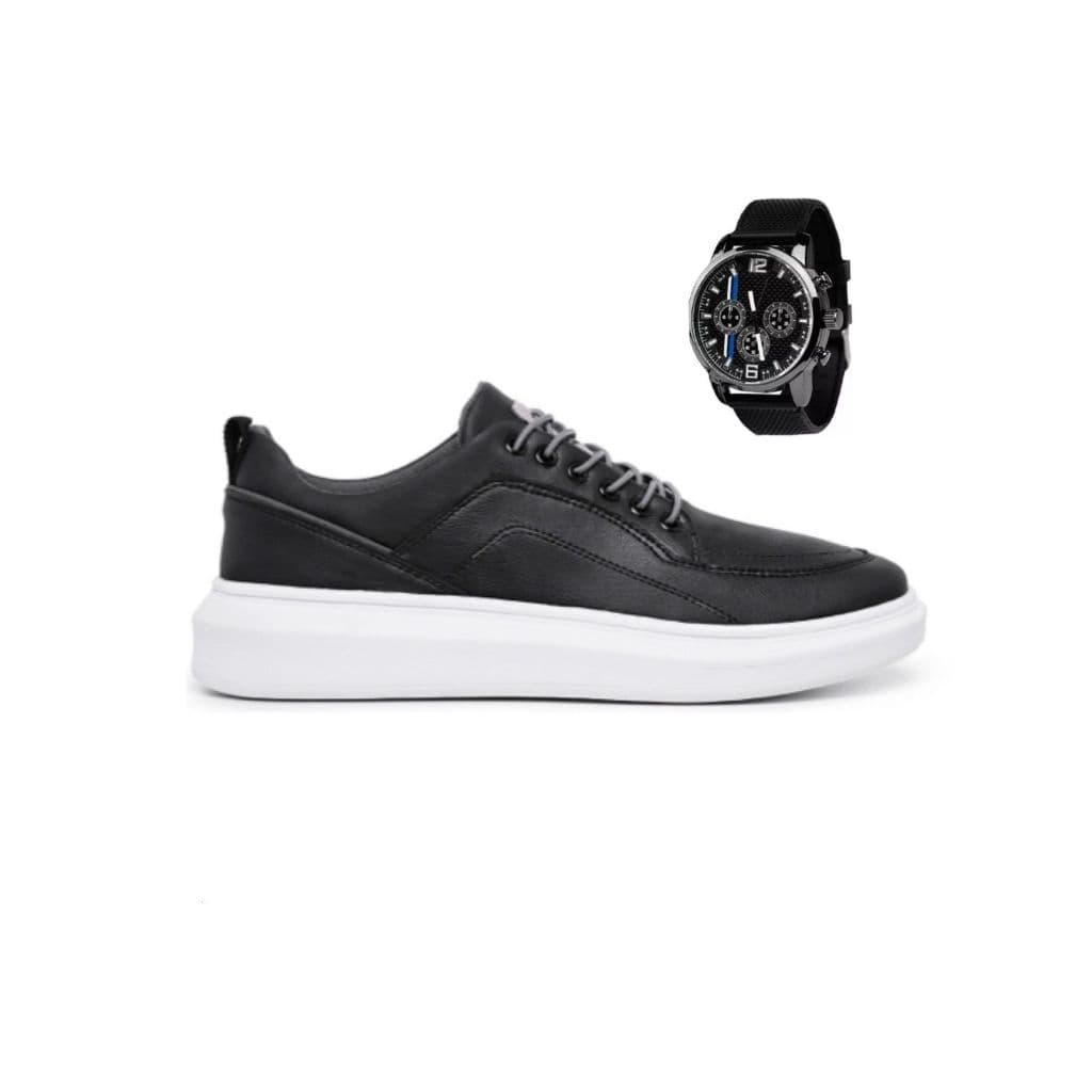 Kit Tênis Preto Esportivo + Relogio Masculino Esportivo Promoção Leve Envio Imediato Solado