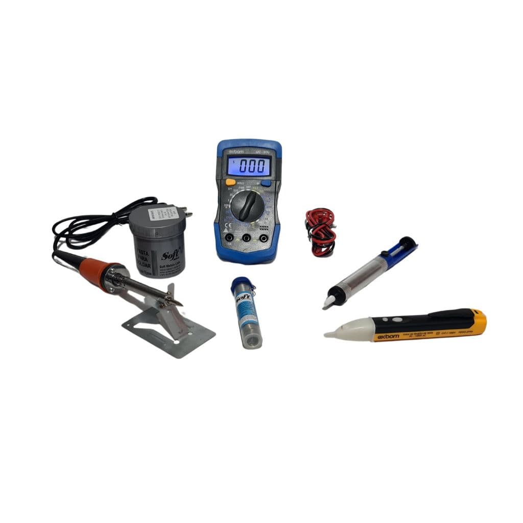 Kit ferro de solda 60w 110v + multimetro digital md180l + caneta teste + estanho + tubete + pasta