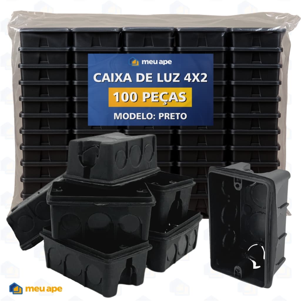 100 Caixa de Luz 4x2 Reforçada P/ Tomada Interruptor Embutir Preto