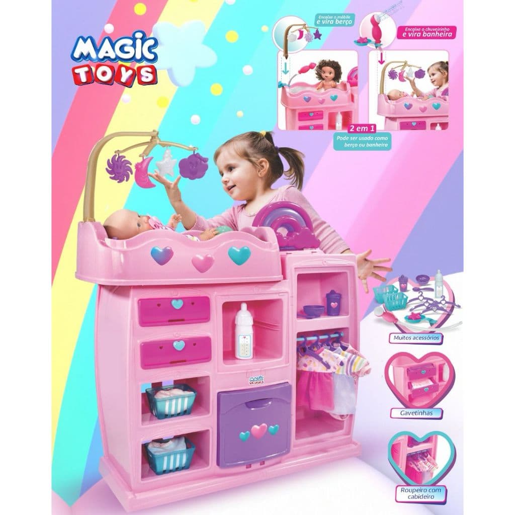 Quarto de Boneca dos Sonhos 2 em 1 Berço e Banheira com Ducha - Magic Toys 8104