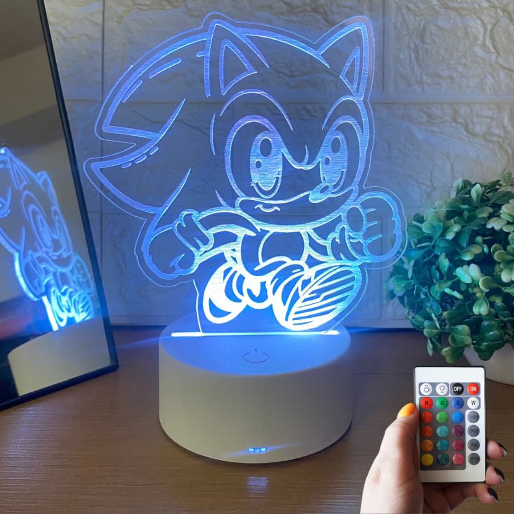 Luminária Sonic Temática Led 3D Abajur Decoração Infantil Led RGB com Controle Colorida