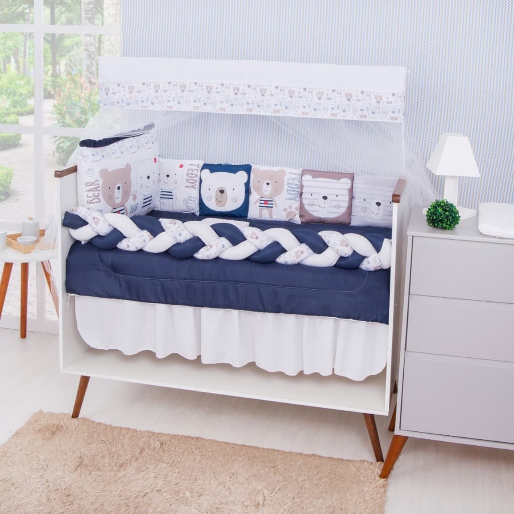 Kit Berço Sublimado Urso Teddy 13 Peças Enxoval Completo Bebê Macio Antialérgico Proteção Trança Conforto