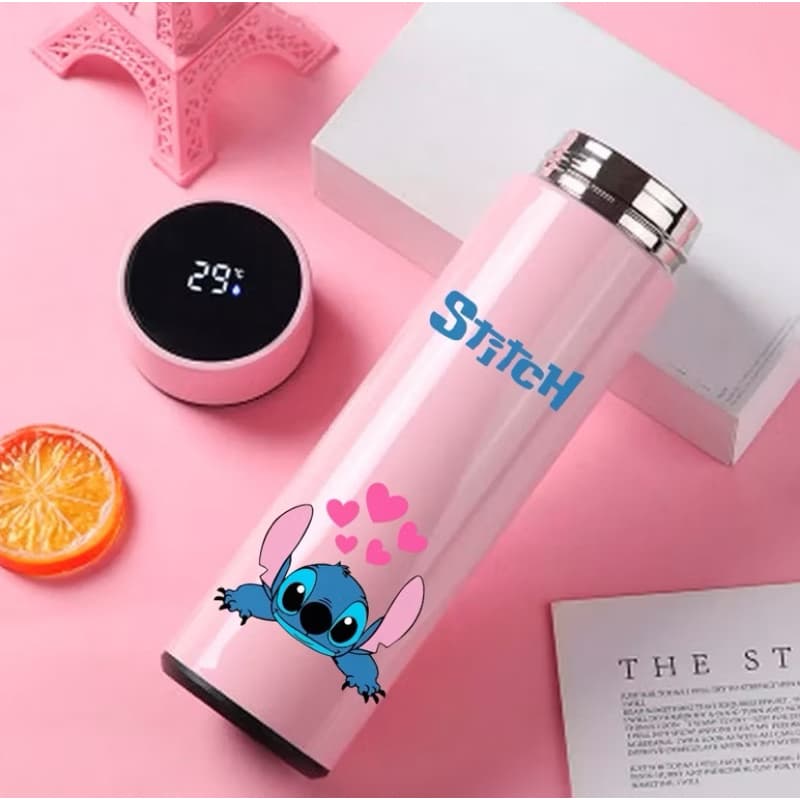 Garrafa Térmica Inox Stitch 500Ml Com Termometro Com Led Digital Desenho Filme Academia Chá