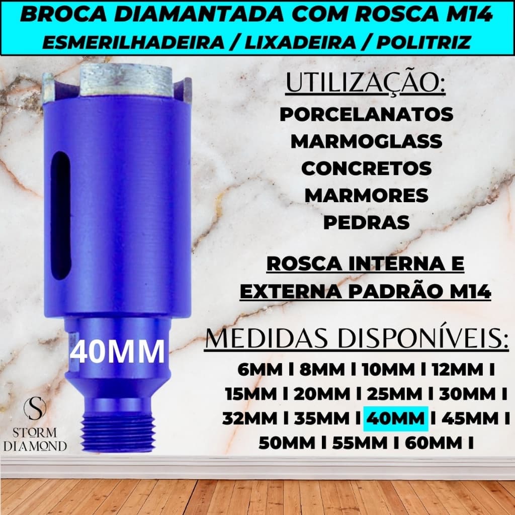 Broca Diamantada 40mm Rosca M14 Esmerilhadeira Furar Concreto Porcelanato Mármore Granito Pedras