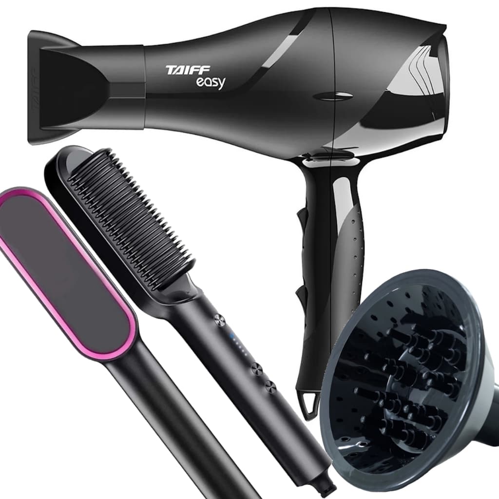 Secador de Cabelo Taiff Profissional 1700w Ions Ar Quente Frio Preto Com Difusor Cachos Escova Alisadora 2 em 1 Hq