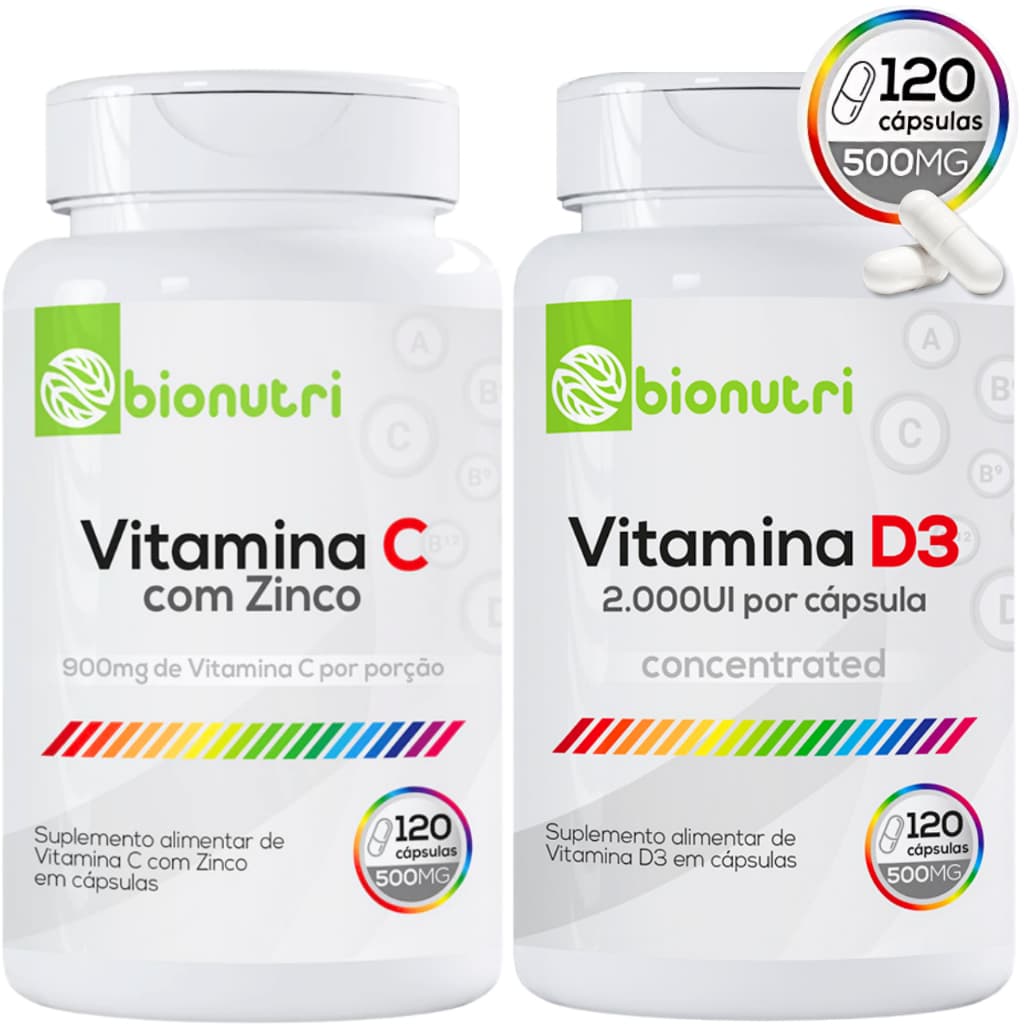Combo Imunidade Vitamina D3 + Vitamina C 120 Cápsulas 500mg Cada Pote Bionutri Fortalece Defesas