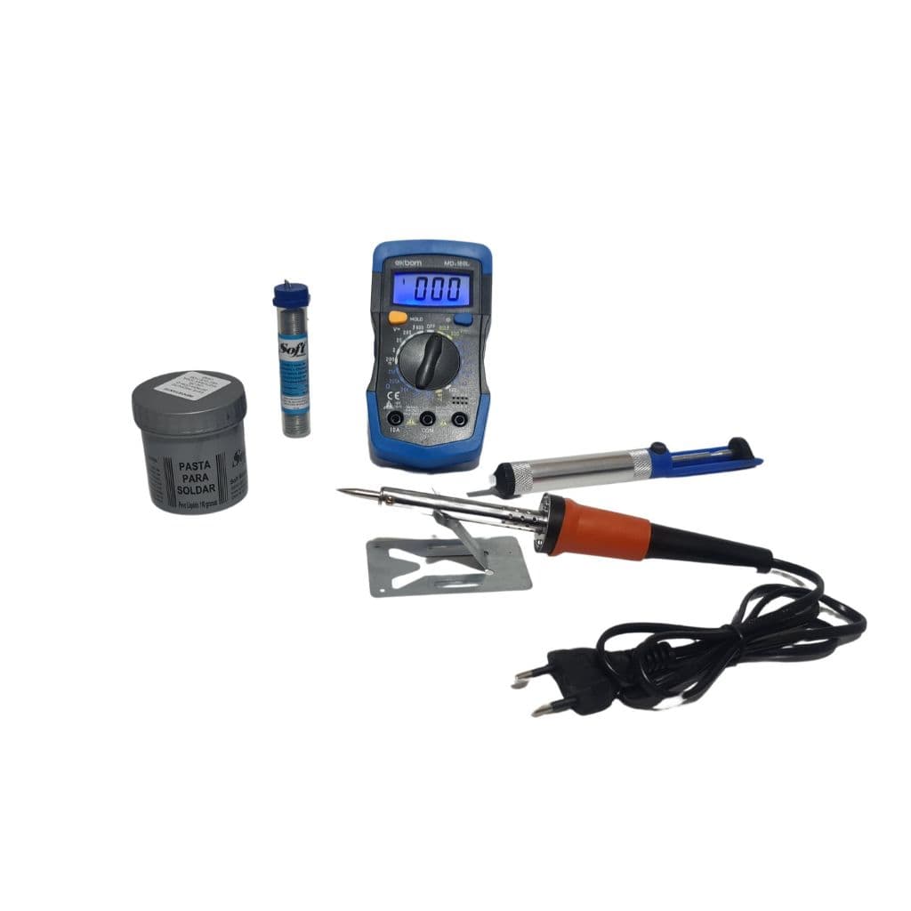 KIT FERRO DE SOLDA 60W 110V + PASTA 110G + ESTANHO 25G + MULTIMETRO DIGITAL VISOR LCD + SUGADOR