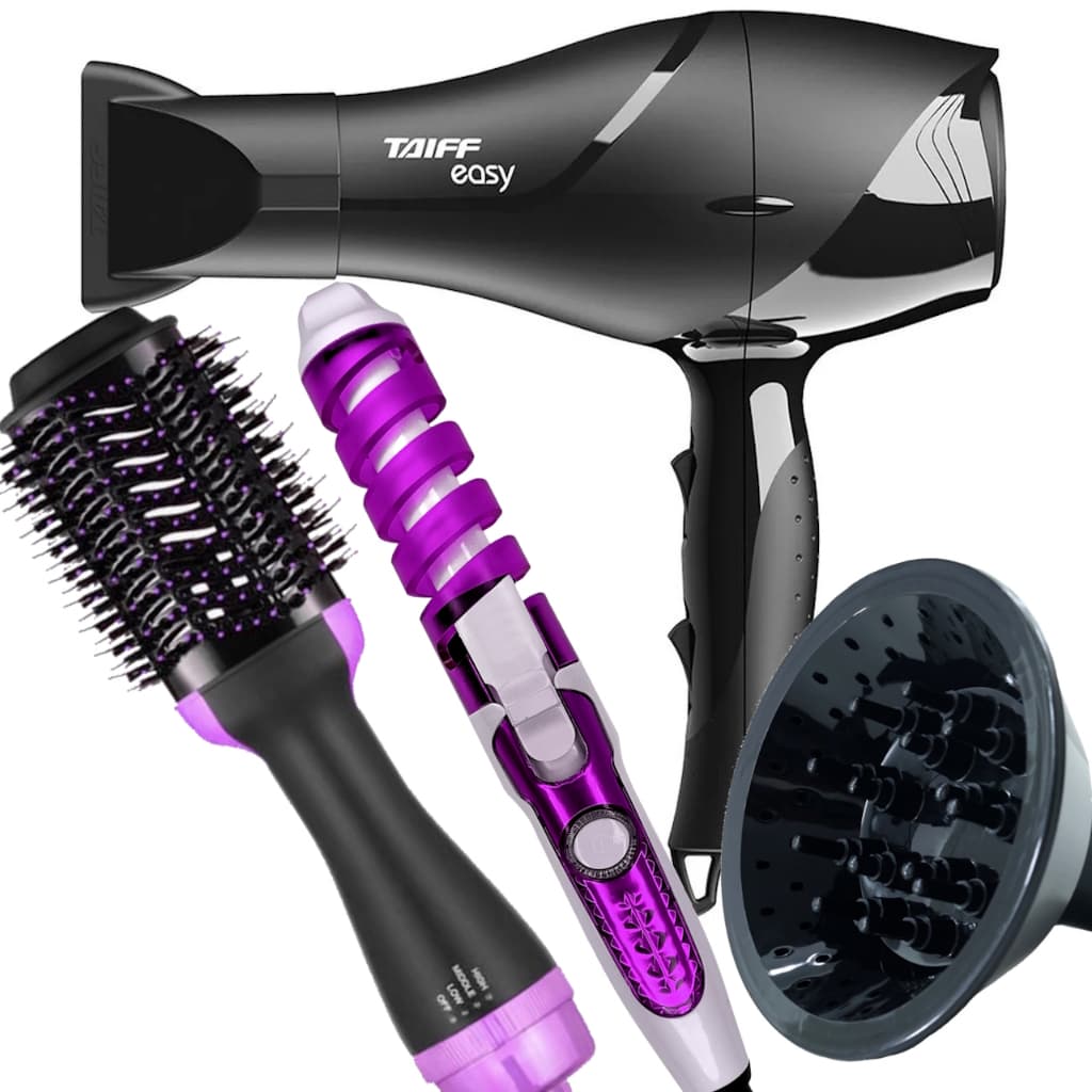 Secador de Cabelo Taiff Profissional 1700w Ions Ar Quente Frio Preto Difusor Cachos Modelador Nova Escova 4 em 1 City