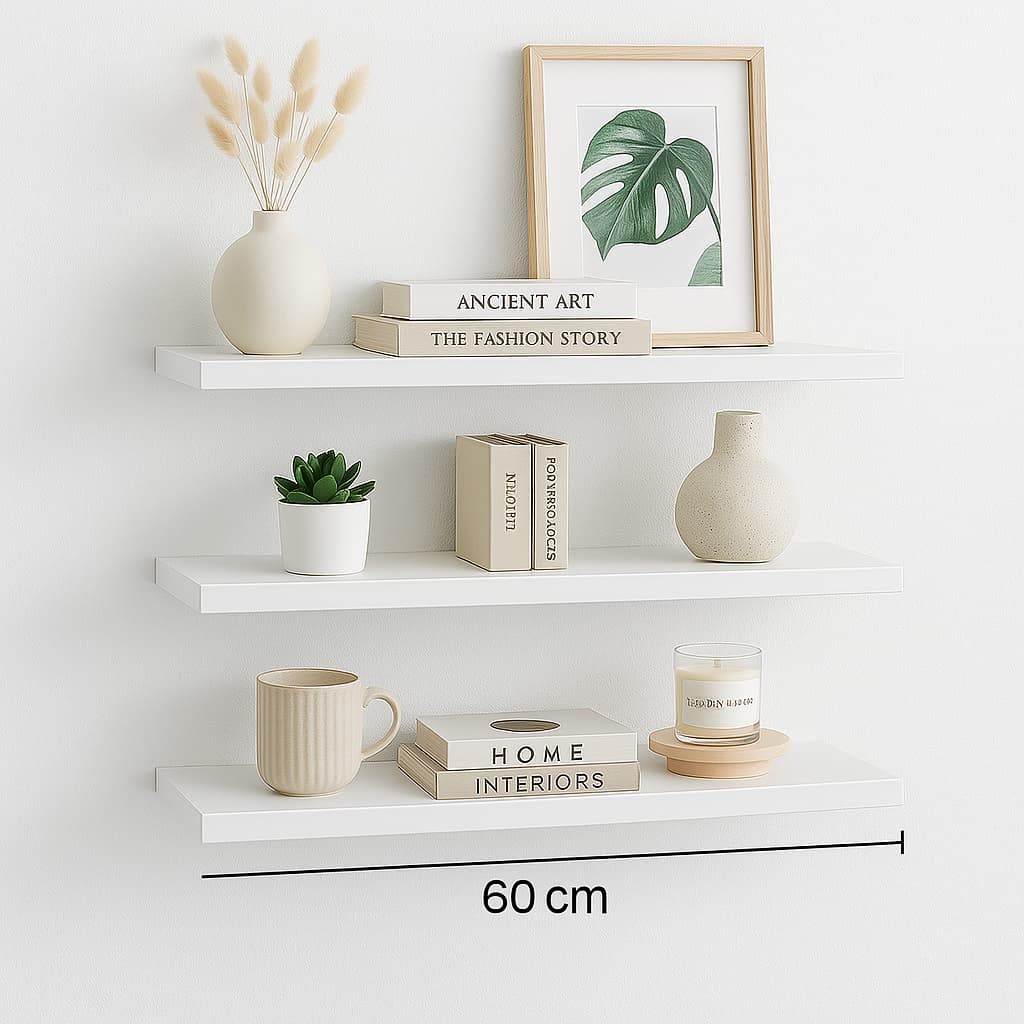 Prateleiras de Parede 60x20cm em MDF 15mm Branco Suporte Invisível Decoração quarto sala escritório
