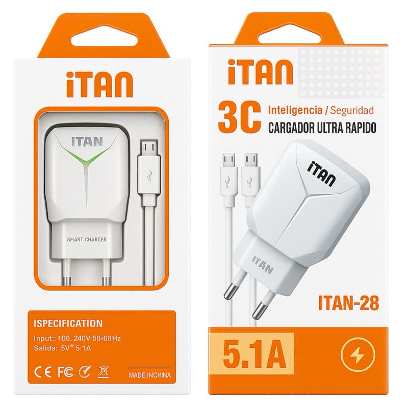 Carregador de Celular Ultra Rápido 5.1A com 2 USB, Cabo V8 Micro USB, LED, Portátil para Android